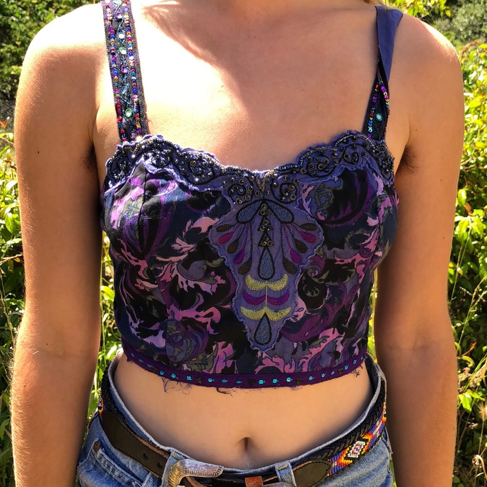 Cropped Free People purple beaded embellished top